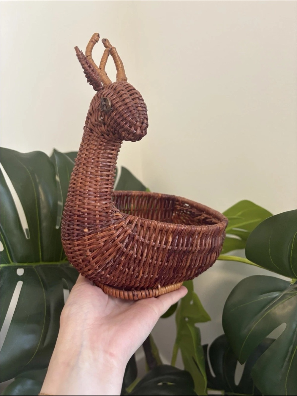 Vintage SMALL DEER Reindeer WICKER BASKET Planter Woven Rattan 10” H